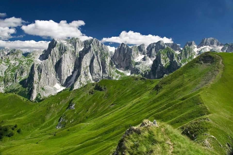 einen grünen Hügel mit Bergen im Hintergrund in der Unterkunft PROKLETIJE HOTELL Same in Brezojevica