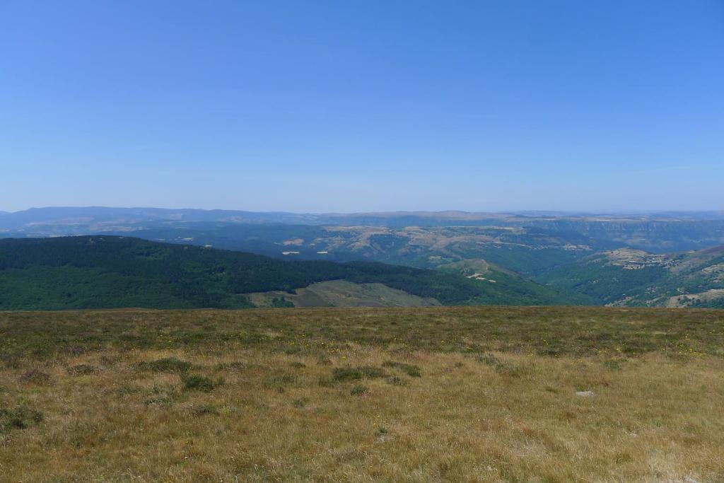 uma vista para um campo de relva com montanhas ao fundo em Gîte B.Lay em Saint-Sèbastien