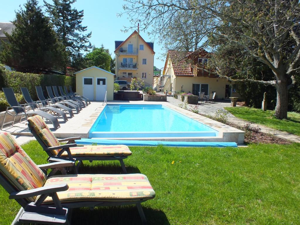 a swimming pool with lounge chairs in the grass at Ferienobjekt beim Steinmetzen in Radebeul