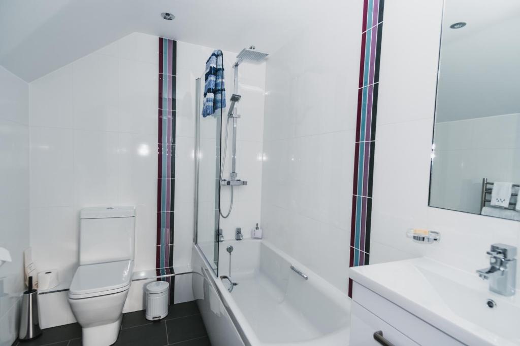 a bathroom with a toilet and a shower and a sink at Elysian Fields B&B in Helston