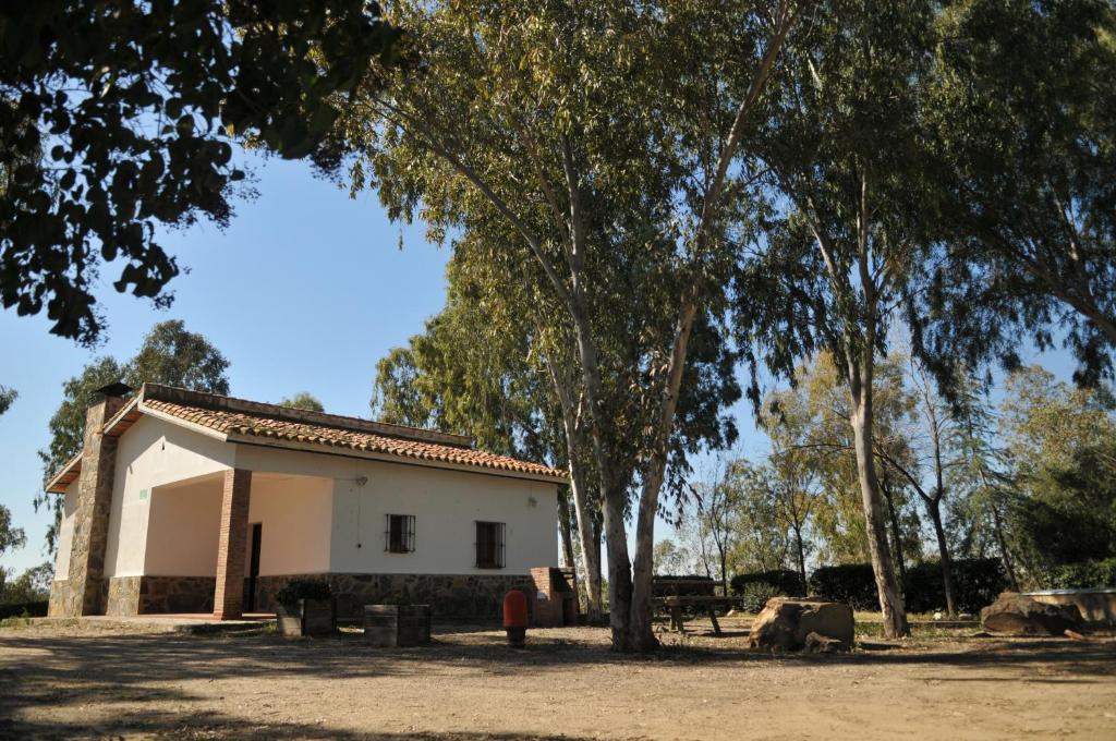 a white house with trees in front of it at Casa Rural Casa de las Aves in Orellana la Vieja
