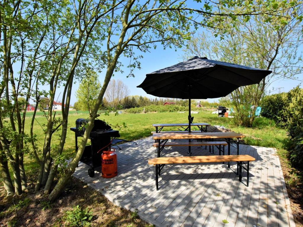 BastorfにあるAlluring Apartment in Bastorf with Private Gardenのピクニックテーブル(黒い傘、ベンチ付)