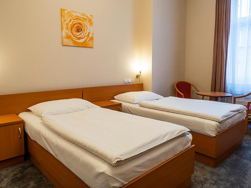 Un pat sau paturi într-o cameră la Hotel Olympia Česká Lípa