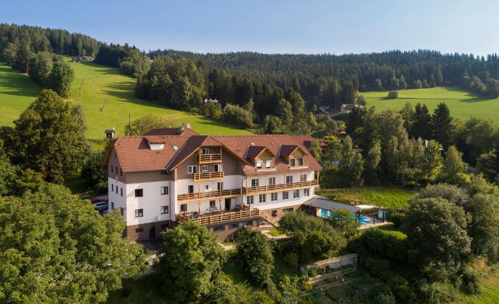 an aerial view of a large house in the forest at Hotel Schwengerer in Mönichwald