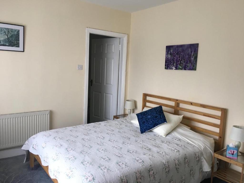 a bedroom with a bed with a blue pillow on it at Killurin Lodge in Wexford