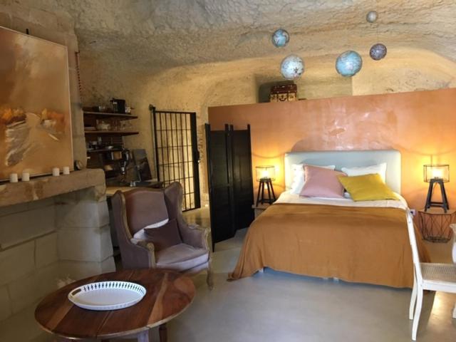 ロシュコルボンにあるTroglodytes "Loire Sauvage" (SPA)のベッドルーム1室(ベッド1台、テーブル、椅子付)