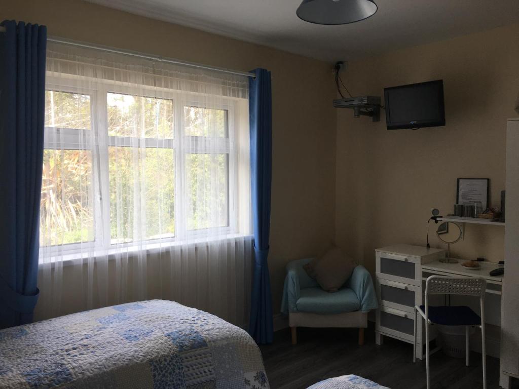a bedroom with a bed and a desk and a window at Killurin Lodge in Wexford