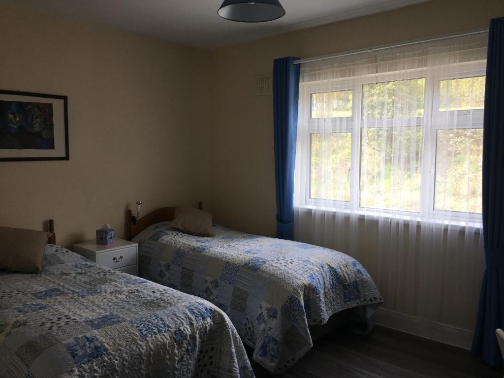 a bedroom with two beds next to a window at Killurin Lodge in Wexford
