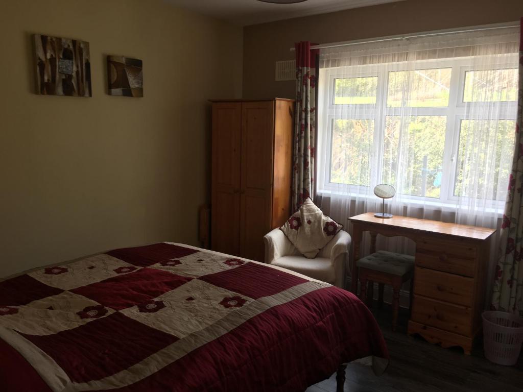 a bedroom with a bed and a desk and a window at Killurin Lodge in Wexford