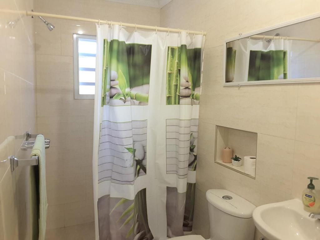 a bathroom with a shower curtain and a toilet at SXM Spotters Paradise in Lowlands