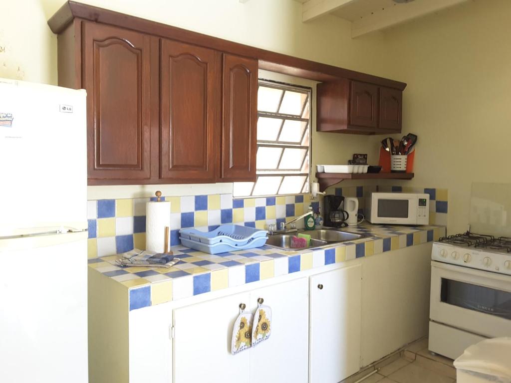 a kitchen with blue and white tiles on the counter at SXM Spotters Paradise in Lowlands