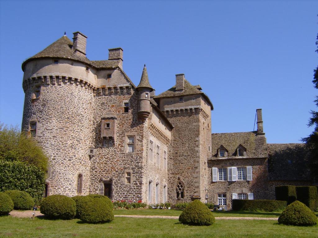 ein altes Schloss mit Türmen auf einem Grasfeld in der Unterkunft Château de La Vigne in Ally