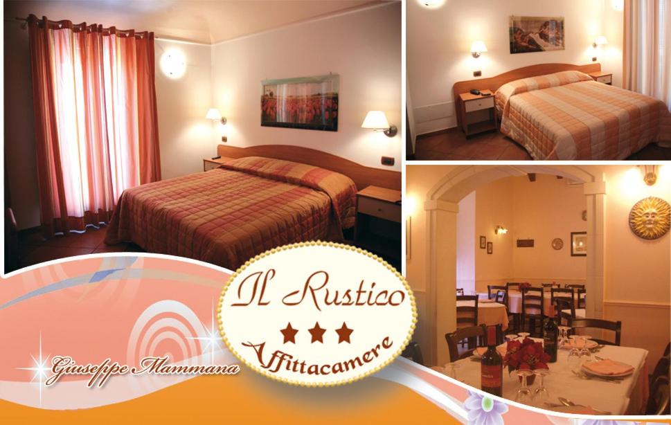 a hotel room with two beds and a dining room at Il Rustico in Grammichele