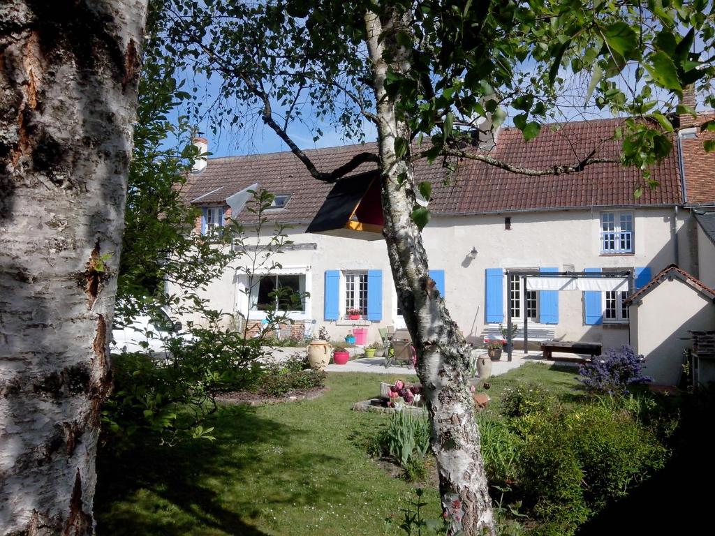 una casa bianca con un albero e un cortile di LES HIRONDELLES a Onzain