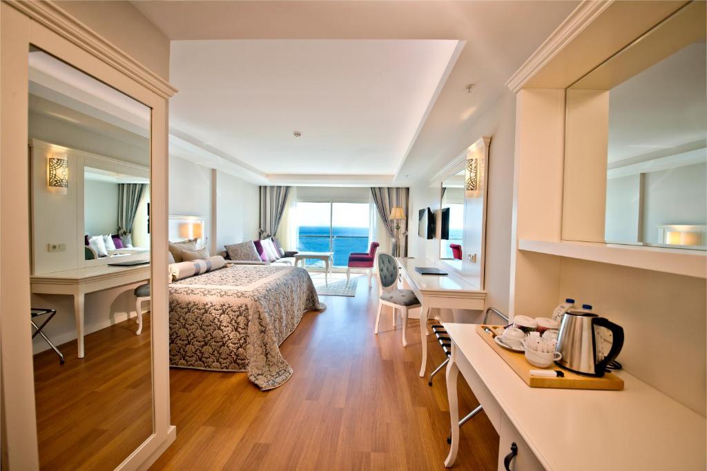 安塔利亞的住宿－Prime Boutique Hotel，配有一张床和一张书桌的酒店客房