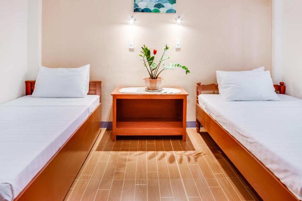 2 camas en una habitación pequeña con una planta sobre una mesa en Cawit Resort and Cafe en Camotes Islands