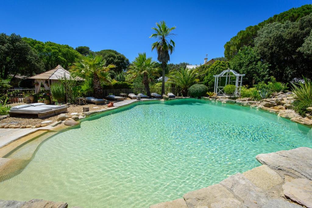 uma grande piscina num quintal com árvores em Villa Vanille em Boisseron