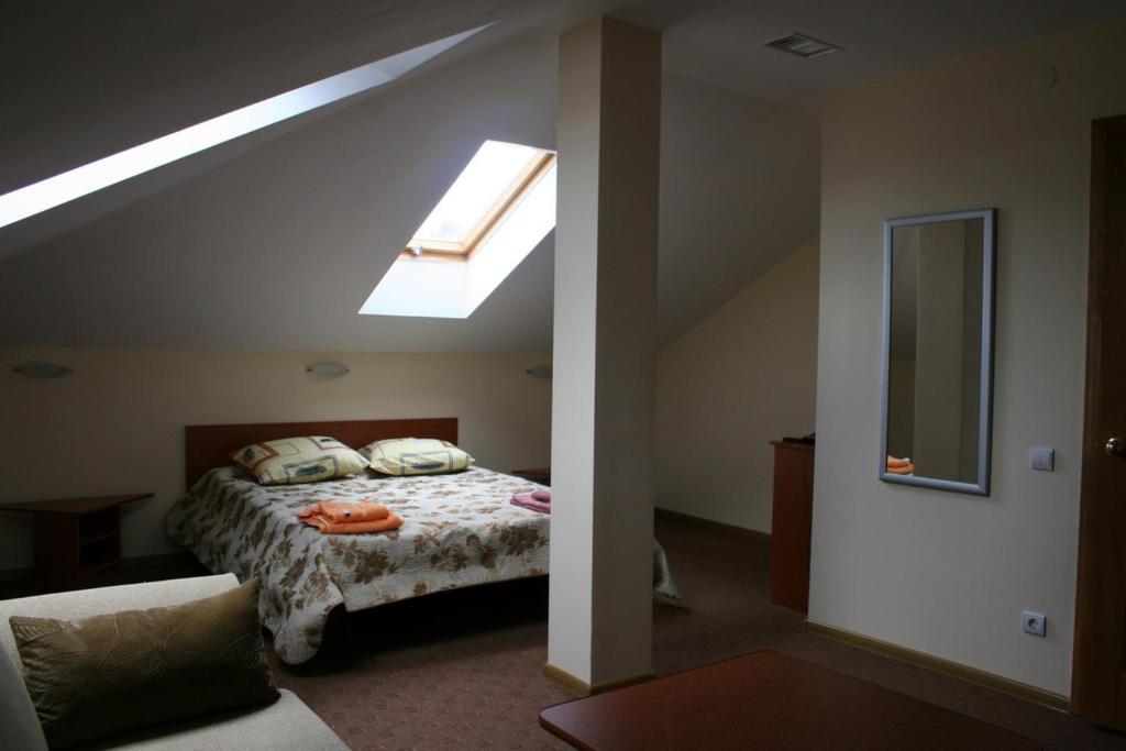a bedroom with a bed and a skylight at Bumerang Hotel in Lviv