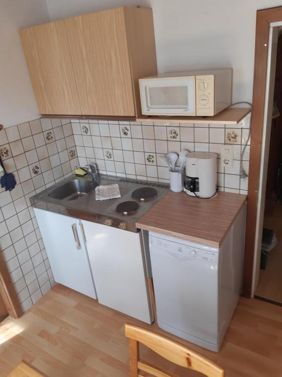 a small kitchen with a sink and a microwave at Appartements direkt am See in Grundlsee