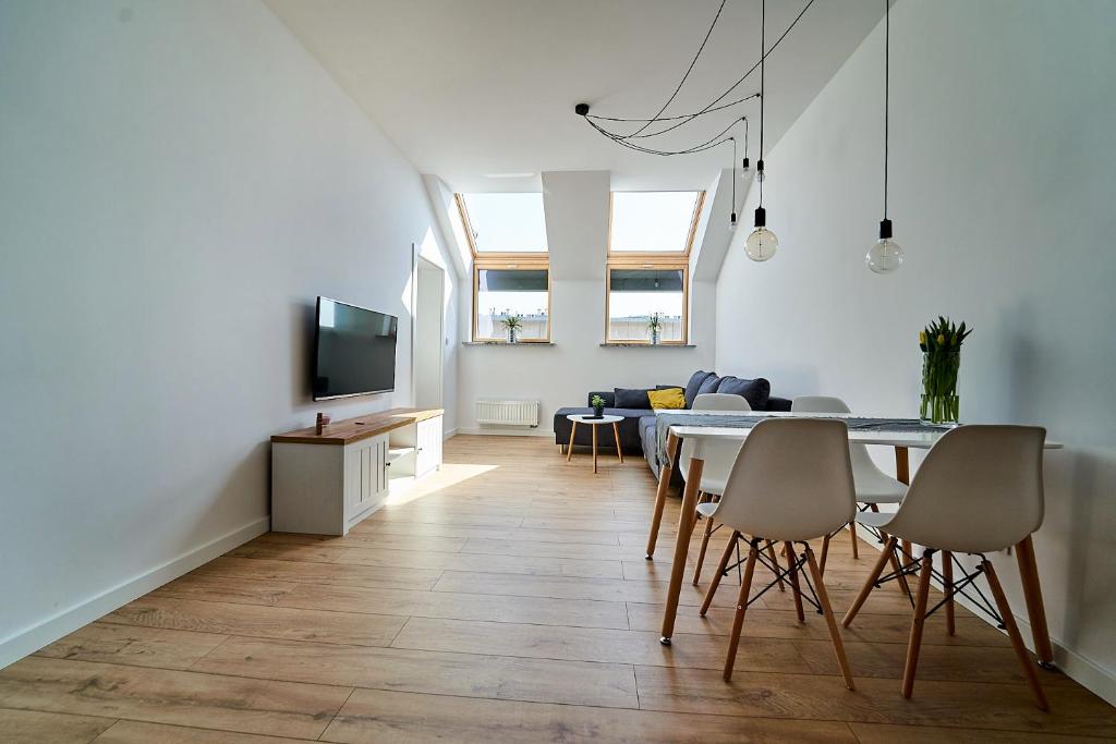 Televízia a/alebo spoločenská miestnosť v ubytovaní Apartamenty Muzyczna 14