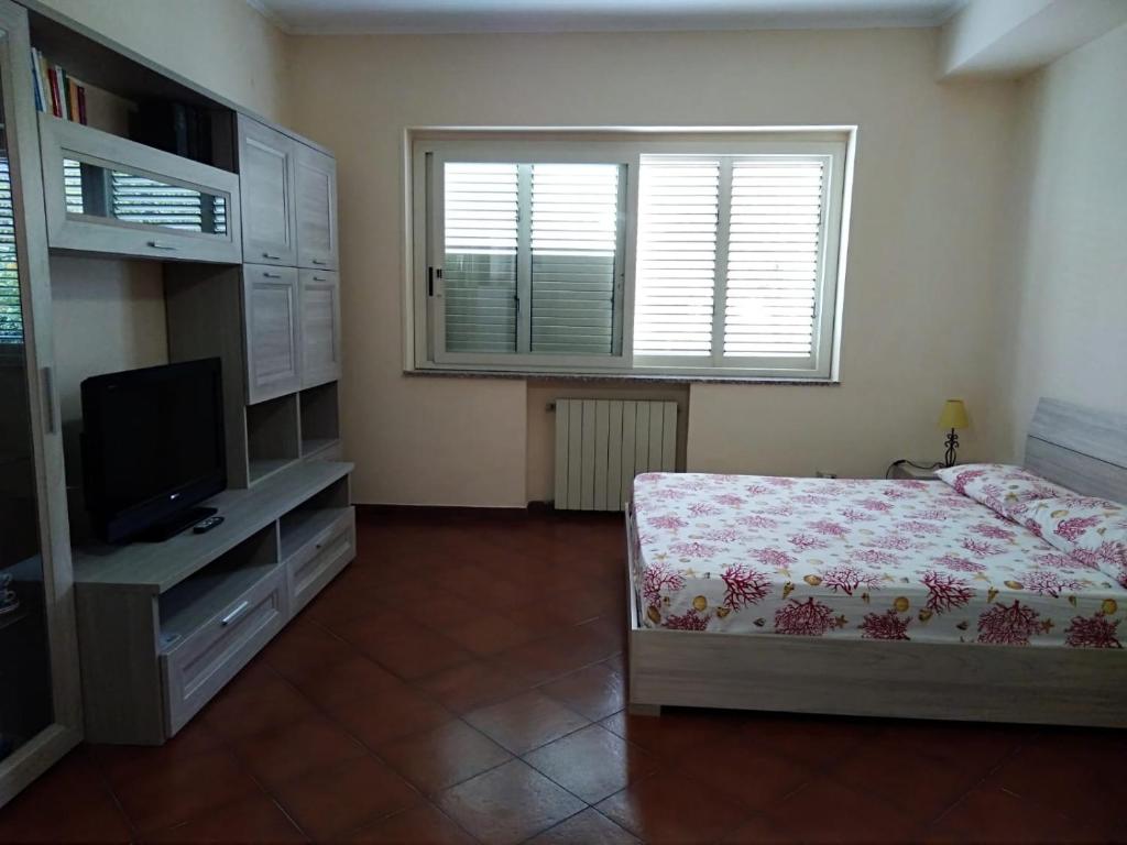 1 dormitorio con 1 cama, TV y ventana en B&B Mantinera, en Praia a Mare