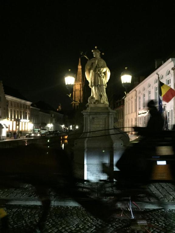 a statue in the middle of a street at night at Brugge’s House of Friends in Bruges