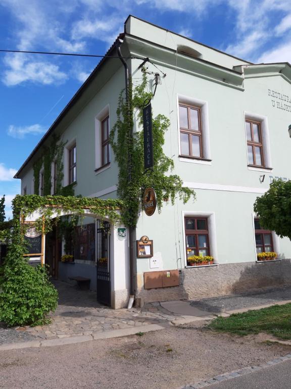 Nové DvoryにあるPenzion a restaurace U Hájkůのブドウが生える白い建物