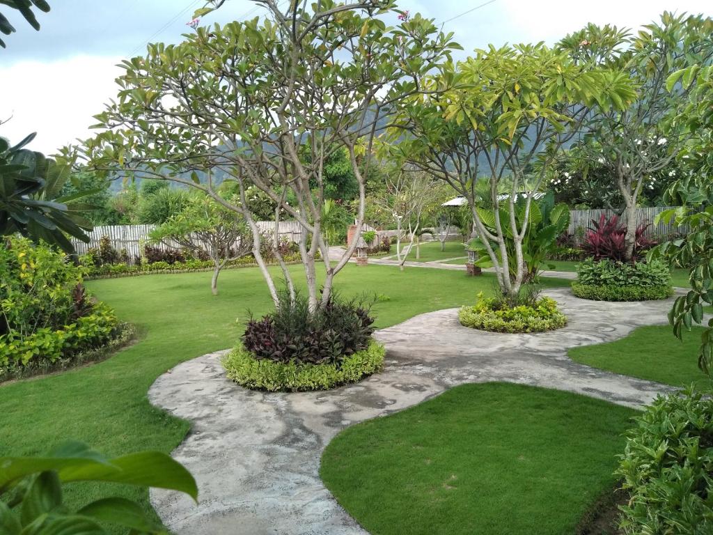 a garden with three trees and a walkway at Krisna Homestay in Pemuteran