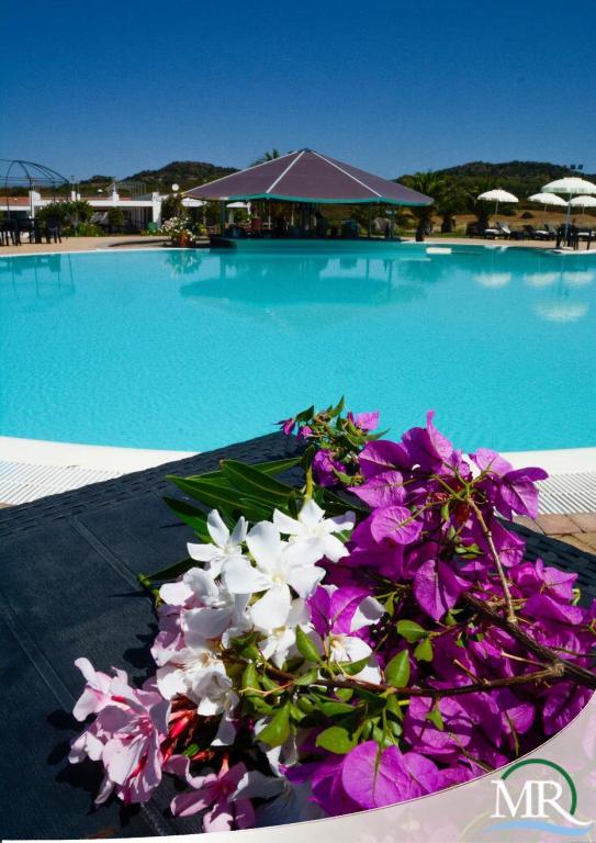 a bouquet of flowers sitting next to a swimming pool at Residence Hotel Monte Ricciu Nuova Gestione in Alghero