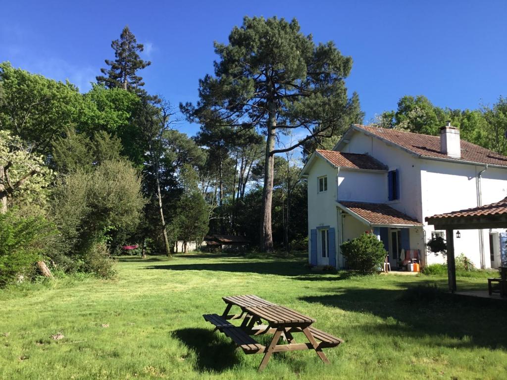 a picnic table in the grass next to a house at Gites-Cyclistes-Léon in Léon