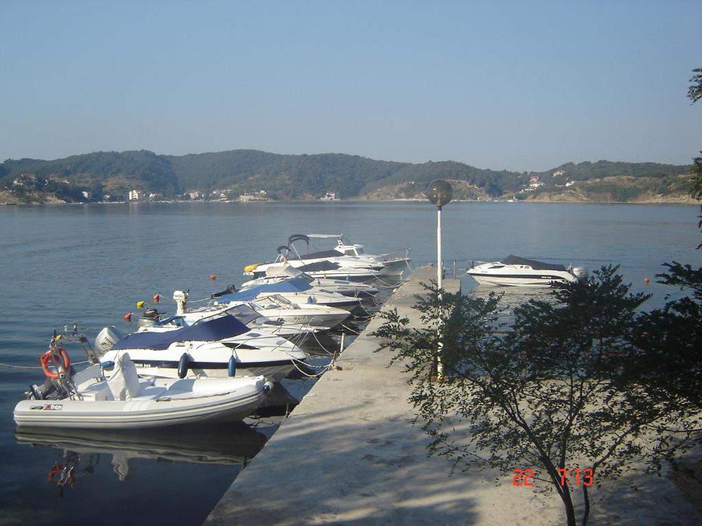 uma linha de barcos estão alinhados na água em House Šubić em Supetarska Draga