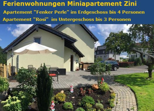 a picture of a house with a garden with an umbrella at Miniappartement Zini in Lindlar