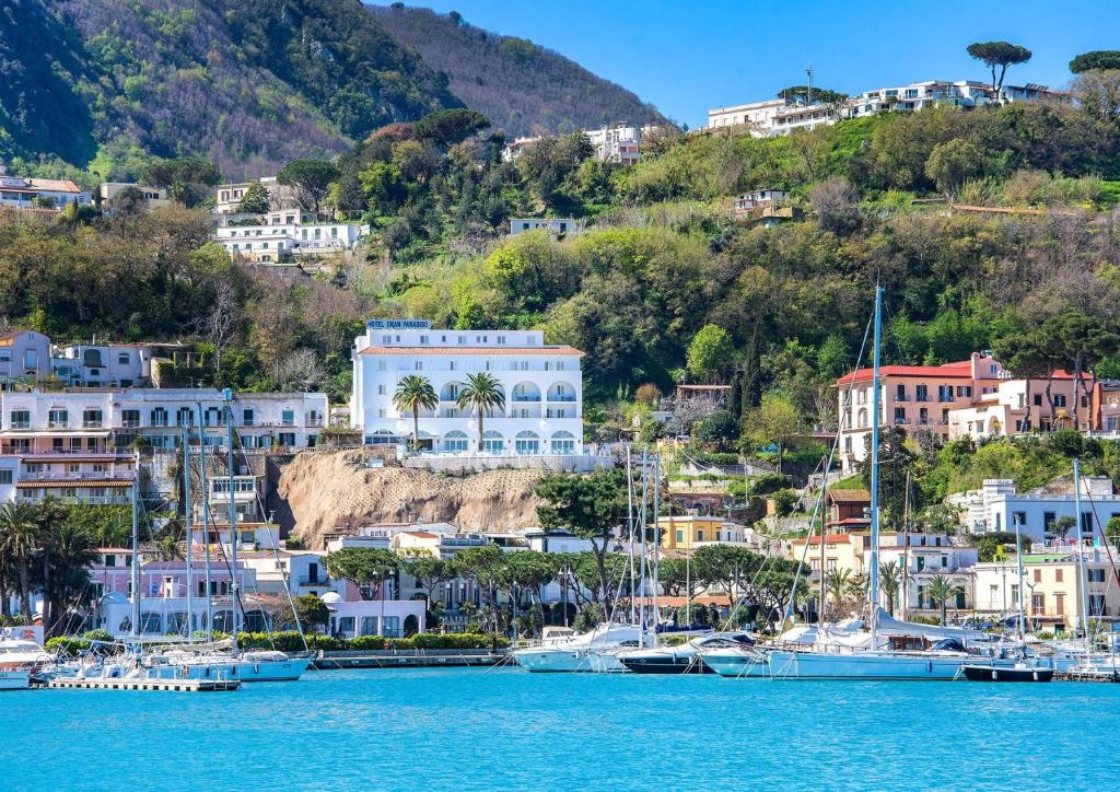 a view of a harbor with boats in the water at Hotel Gran Paradiso in Ischia