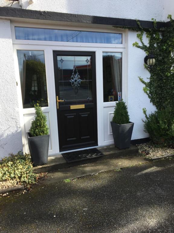 a black door on a white house with two potted plants at Chaplins Townhouse in Kilkenny