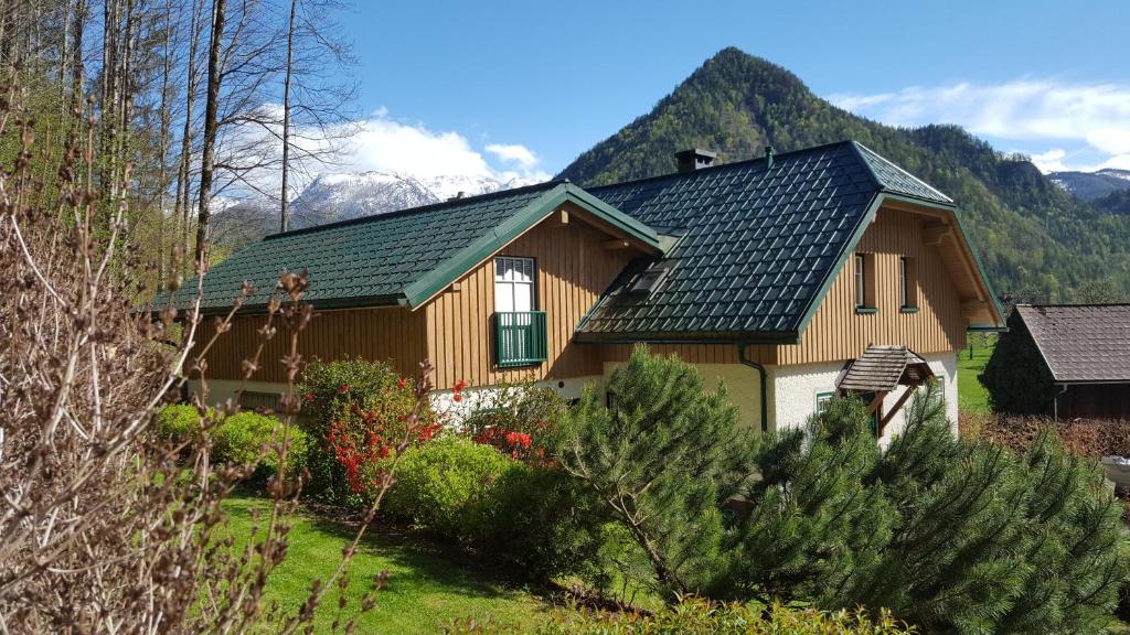 uma casa com um telhado verde numa montanha em Ferienhaus Saxenauer em Hinterstoder