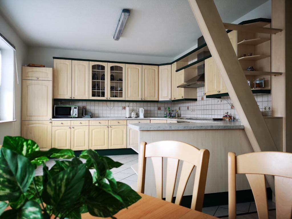 una cocina con armarios blancos, una mesa y una planta en Gaestehaus Remde, en Erfurt