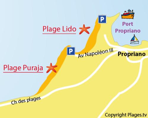 a map of a beach with names of places at Duplex en plein centre in Propriano