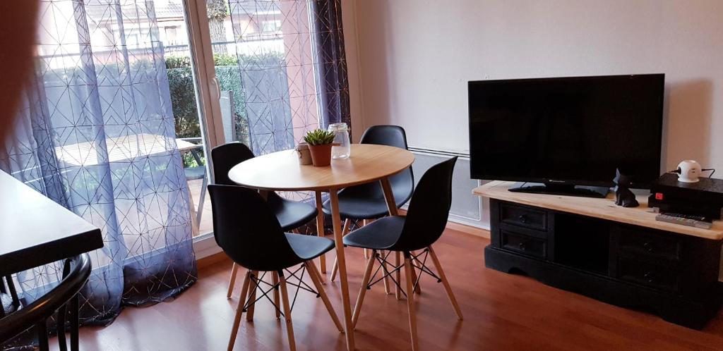 Cette chambre dispose d'une télévision et d'une table avec des chaises. dans l'établissement Chez Damien, à Colmar
