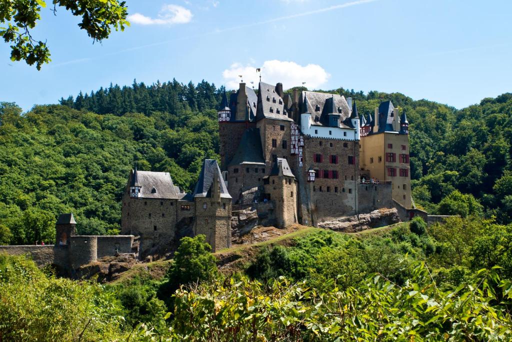 un castillo en la cima de una colina con árboles en Ferienwohnung zur Burg Eltz, en Wierschem