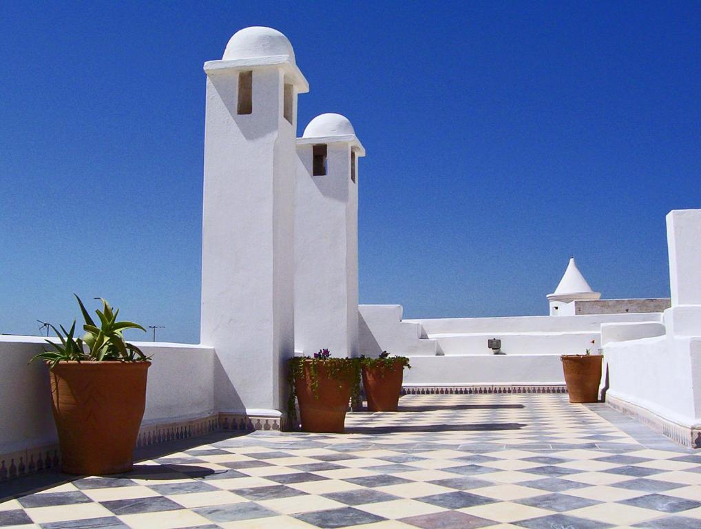 a view of a white building with potted plants at Riad De La Mer in Essaouira