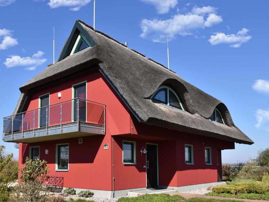 une maison rouge avec un toit de chaume dans l'établissement Ferienhaus Boddenbrise mit Hiddenseeblick, à Vieregge