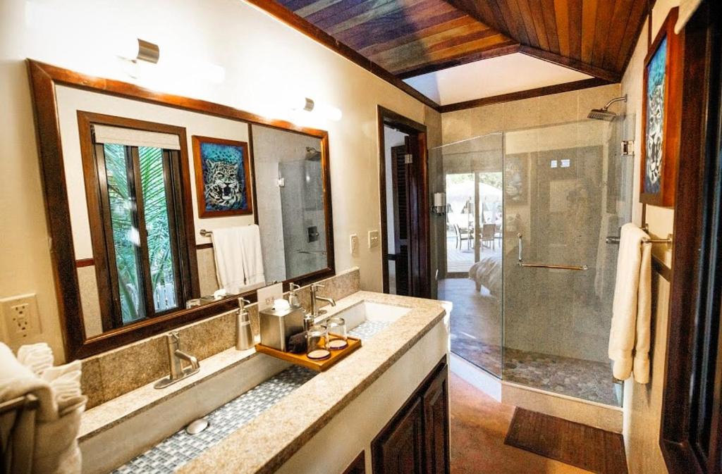 a bathroom with a shower and a sink and mirror at PUR Boutique Cabanas, Adults Only in San Pedro