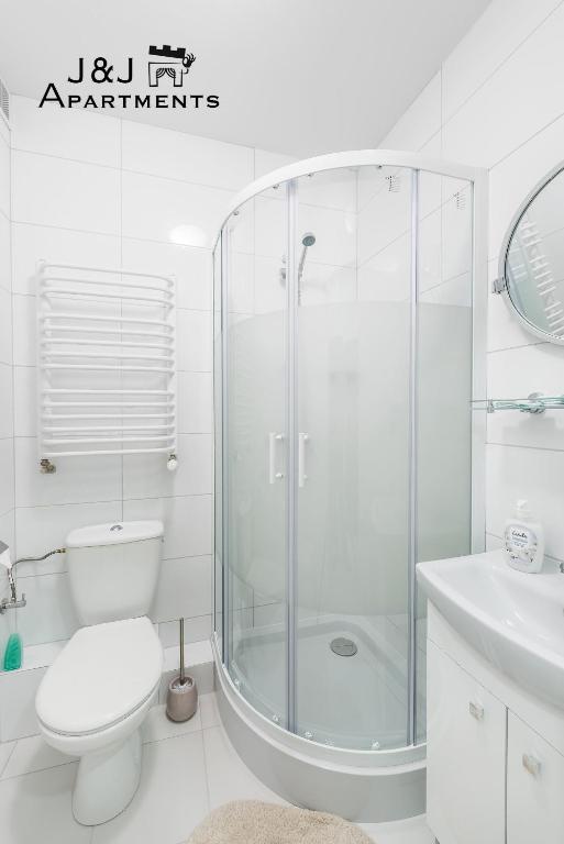 łazienka z prysznicem, toaletą i umywalką w obiekcie J&J Apartments Szeroka 25 Apartament 1 w Toruniu