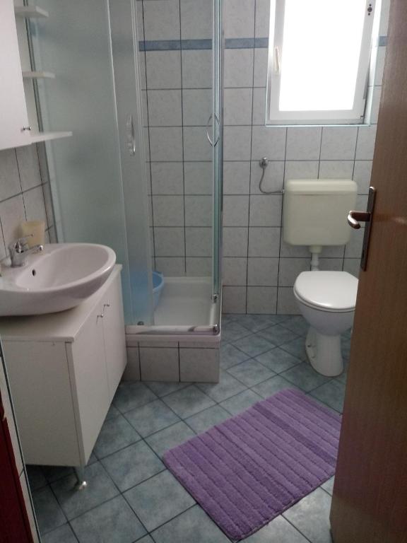 łazienka z umywalką, toaletą i prysznicem w obiekcie Apartmani Ana Vir w mieście Vir