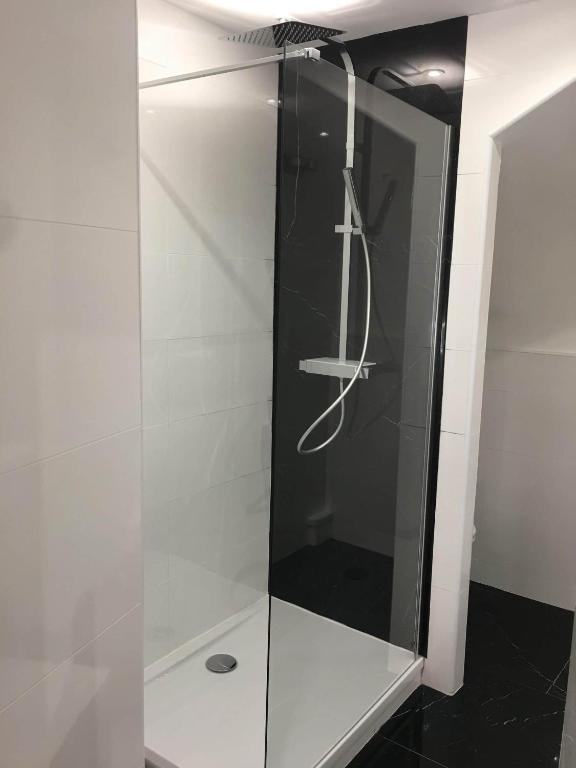 a shower with a glass door in a bathroom at Hôtel Le Mistral in Marseille