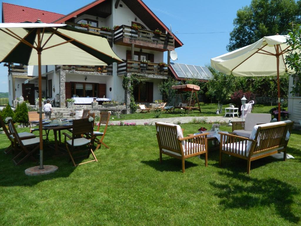 a group of chairs and tables with umbrellas in a yard at Pensiunea Romantic in Sadu