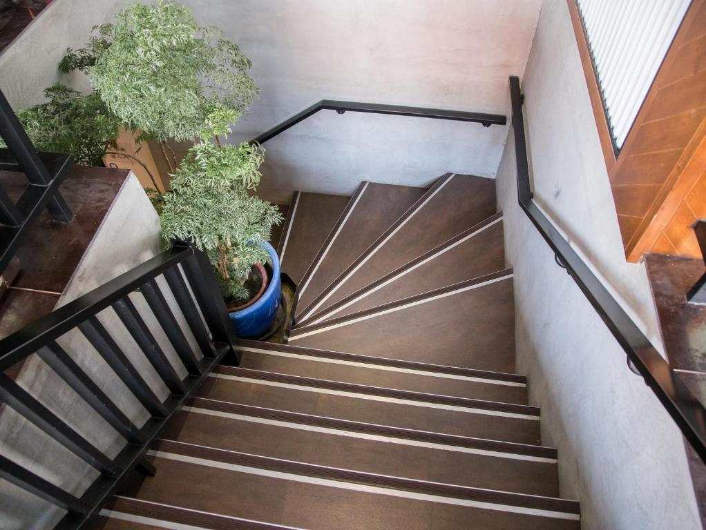 a staircase with two potted plants at Khan Hotel in Kaohsiung