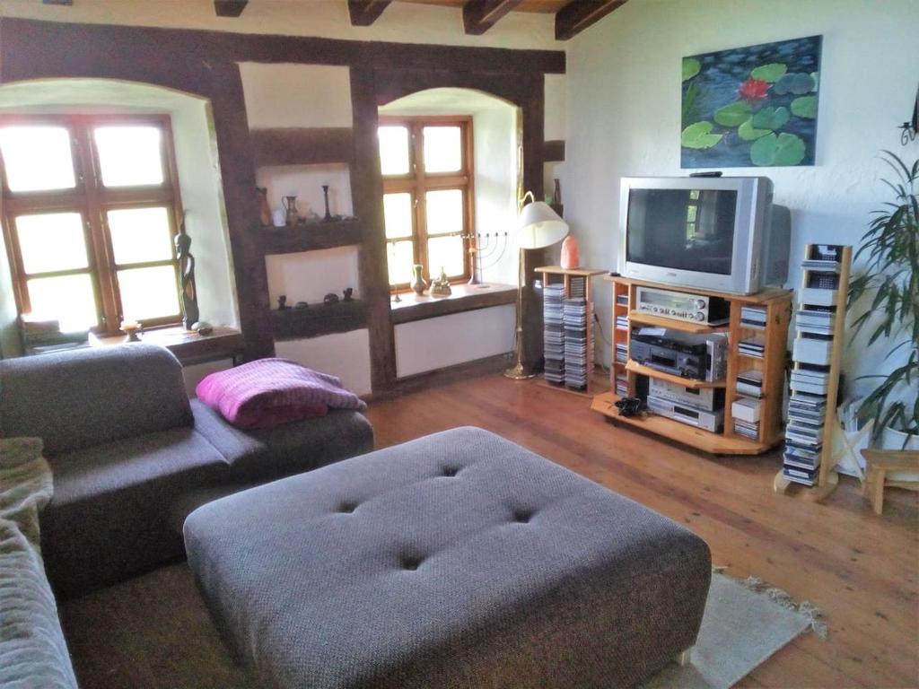 uma sala de estar com um sofá e uma televisão em Windmühle an der Nordsee in der Nähe Büsum em Epenwöhrden
