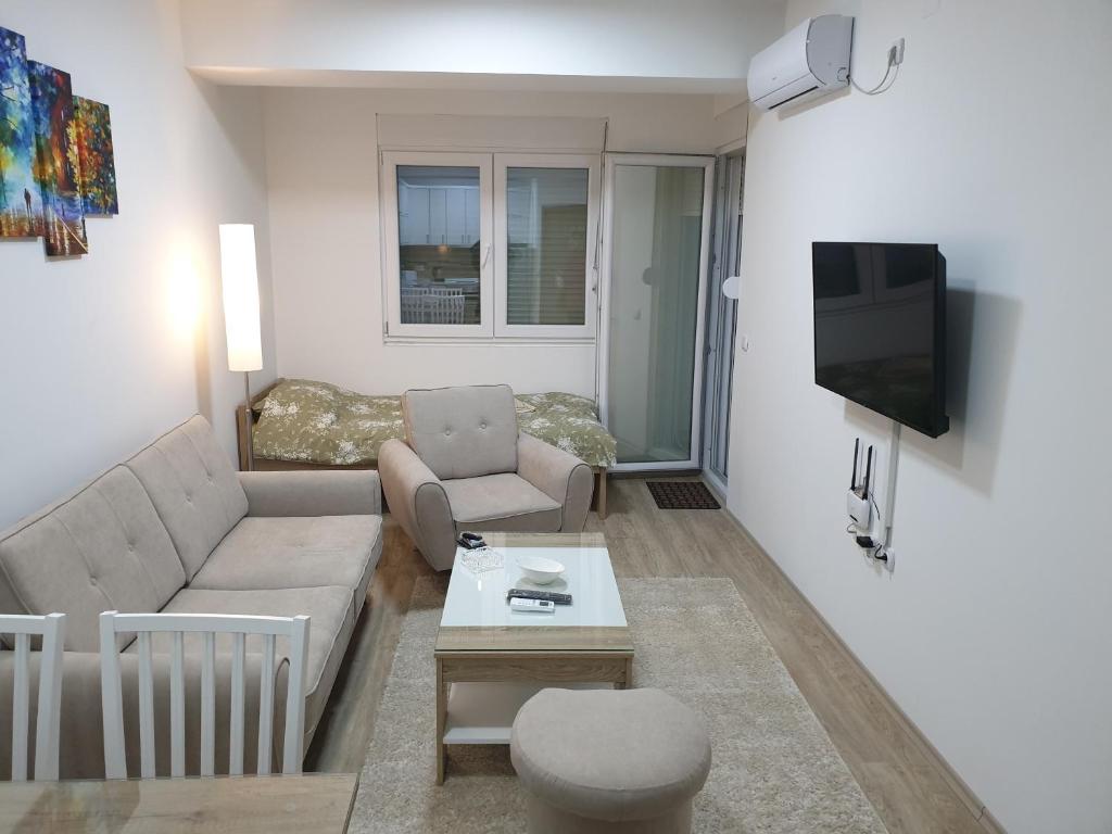 a living room with a couch and a tv at Ivana Apartments in Gevgelija