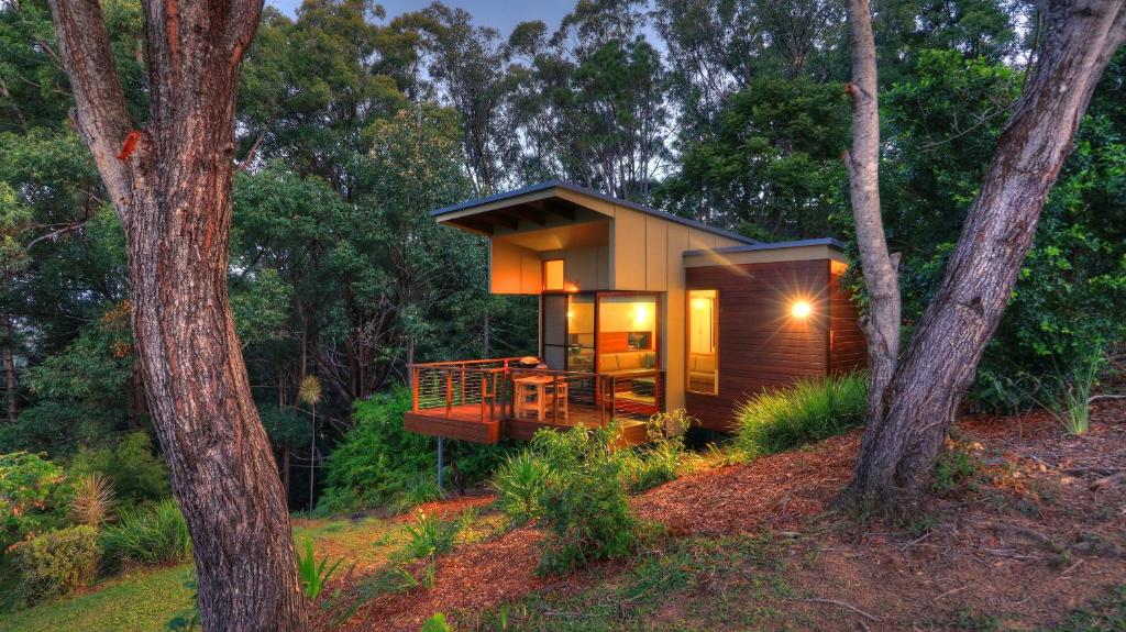 a tiny house in the woods at night at Montville Ocean View Cottages in Montville